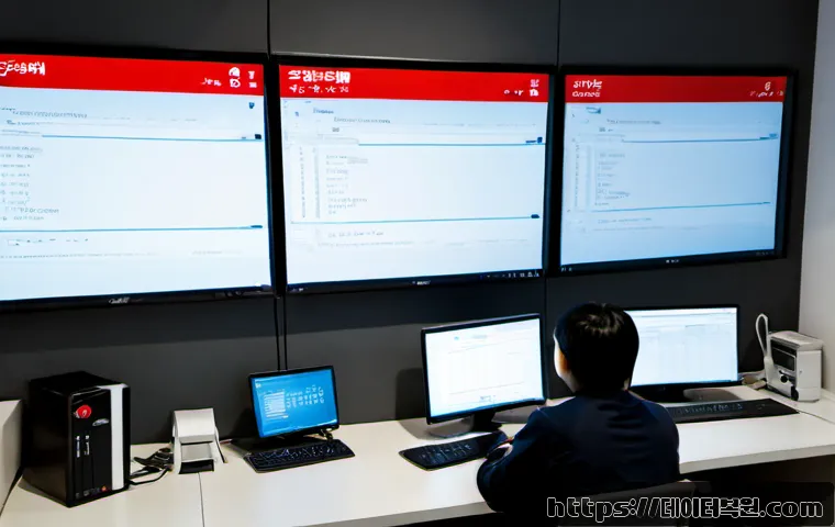 주엽동 NDIS_INTERNAL_ERROR - Photorealistic IT support workstation in a modern Juyop-dong office, dual monitors showing a blank n...