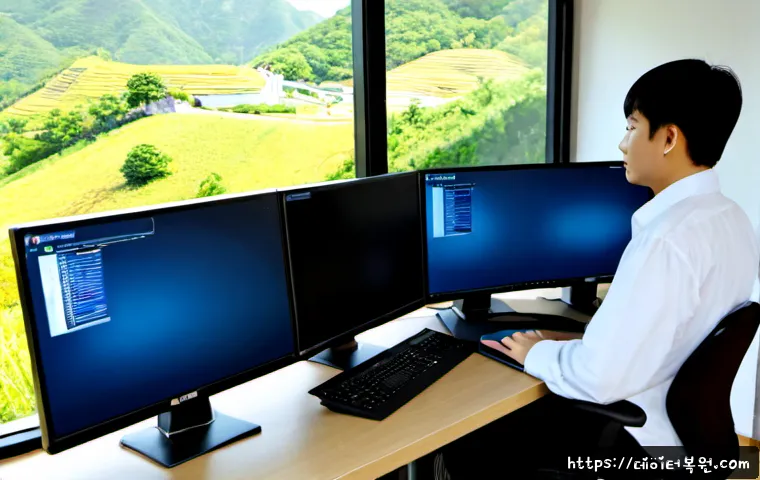 행촌동 DEVICE_DRIVER_MISMATCH - Photorealistic IT support workstation in a compact Haengchon-dong office, dual monitors showing an a...