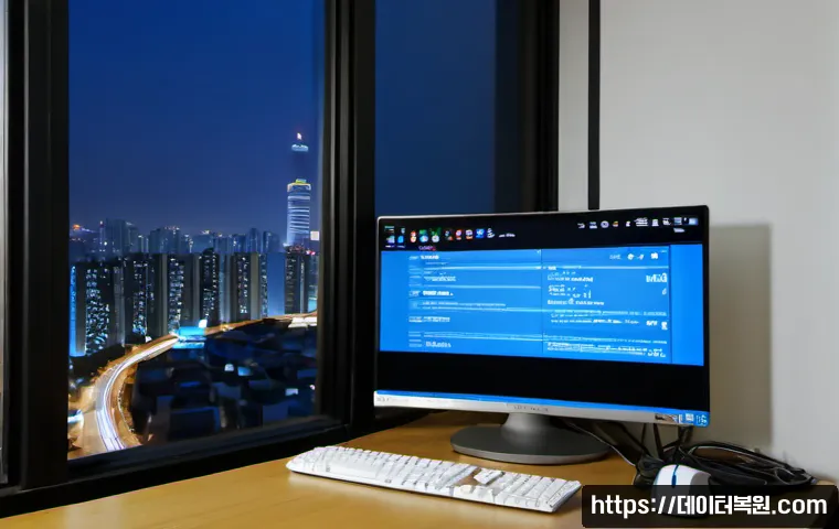 갈현동 pc에 문제가 발생하여 다시 시작해야 합니다 - Photorealistic remote IT support workstation in a compact Galhyeon-dong office, desktop monitor show...