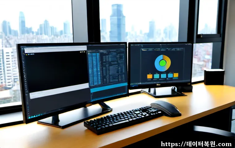 충현동 UDFS_FILE_SYSTEM - Photorealistic IT support workstation in a compact Korean office, dual monitors showing a clean abst...