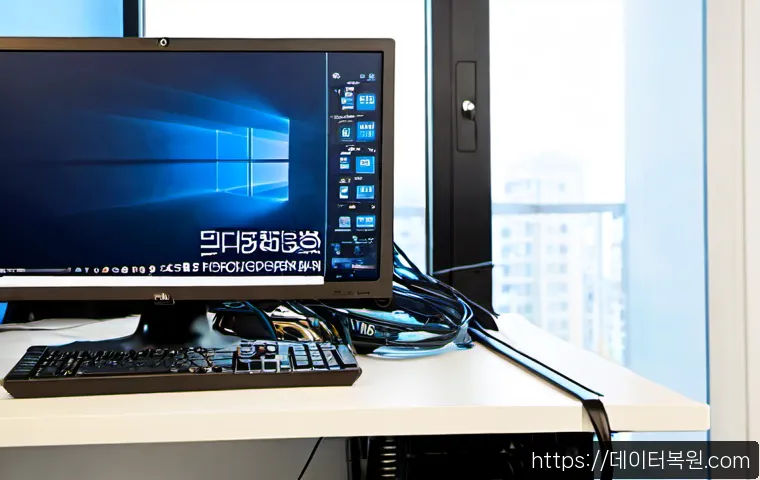 신설동 프리도스 윈도우설치 - Photorealistic desktop workstation during a fresh operating system setup, compact custom-built PC to...