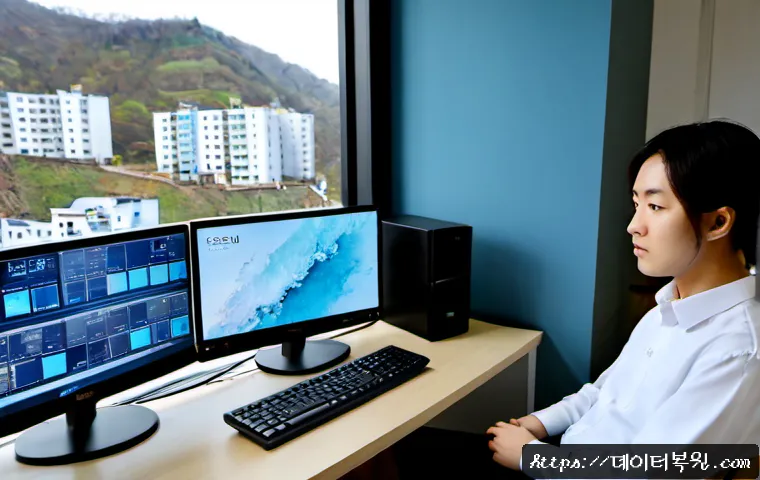 진관동 STATUS_MEMORY_OVERFLOW - Photorealistic remote-support workstation in Jingwan-dong, dual monitors showing a frozen office das...