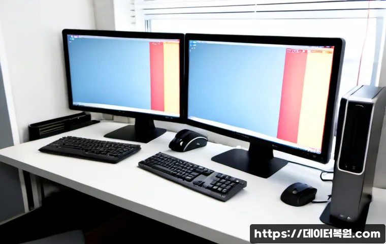 서림동 STATUS_STACK_UNDERFLOW - Photorealistic IT support workstation in a compact Seorim-dong office, dual monitors showing a clean...