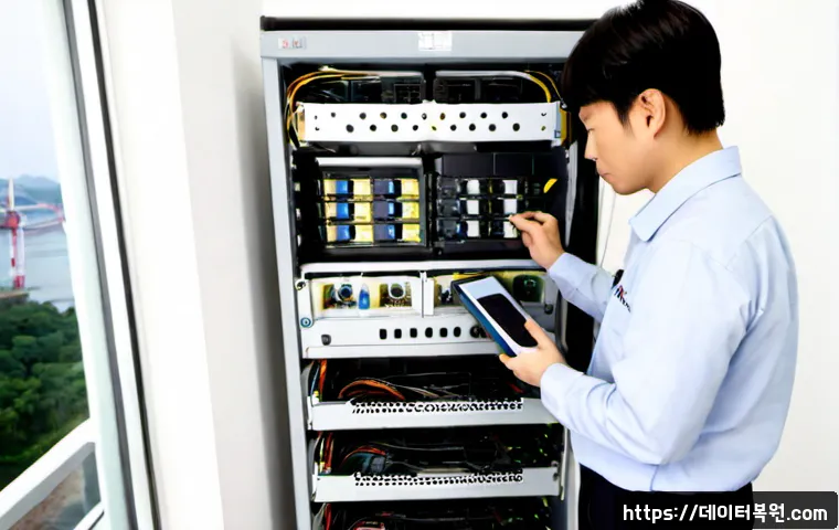 덕은동 서버출장방문수리점 - Photorealistic server field repair inside a modern Deogeun-dong office tower, technician diagnosing ...