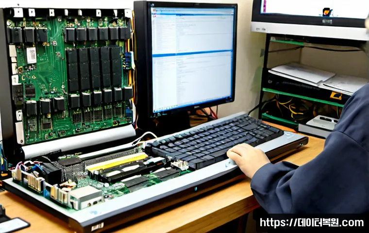 탄벌동 메모리조립 및 교체수리 - Photorealistic computer repair workstation in a compact neighborhood electronics shop, technician in...