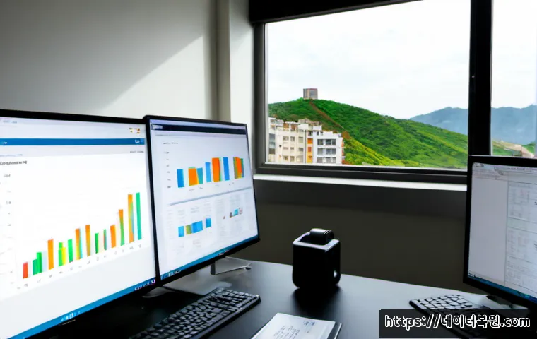 개포동 STATUS_DATATYPE_MISALIGNMENT - Photorealistic IT support workstation in a modern Gaepo-dong apartment office, dual monitors showing...