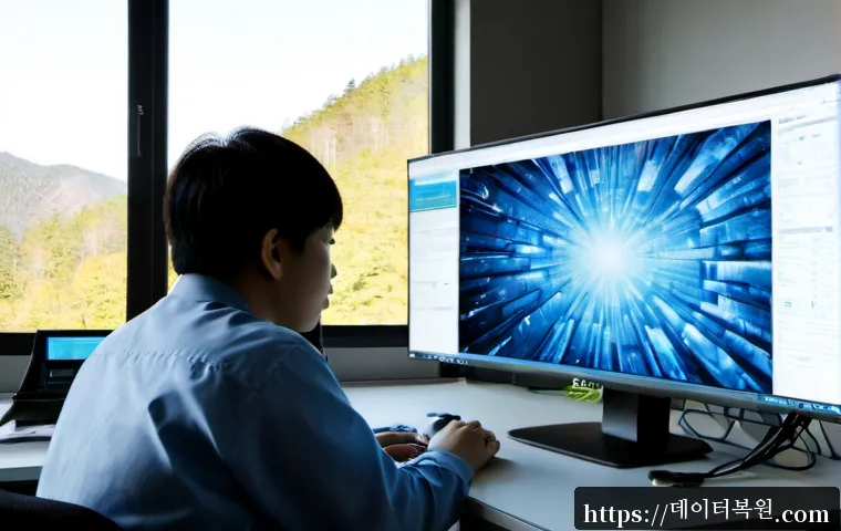 곤지암 STATUS_KERNEL_BLOCKED - Photorealistic IT support workstation in a quiet suburban Korean office near forested hills, desktop...