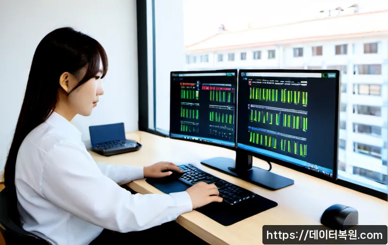 구산동 STATUS_INVALID_SESSION - Photorealistic IT support workstation in a compact Korean neighborhood office, dual monitors showing...