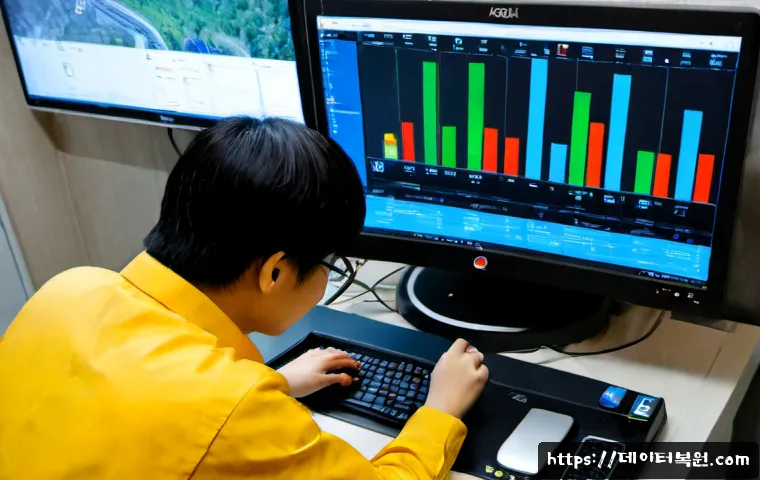 필운동 STATUS_KERNEL_BOOT_DRIVE_ERROR - Photorealistic remote IT support workstation in Pilun-dong, Seoul, dual monitors showing a blank rec...