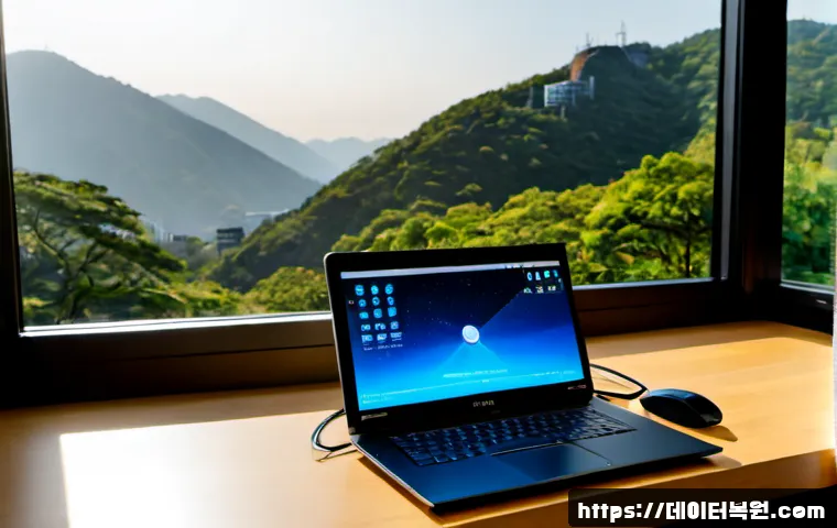 평창동 NDIS_INTERNAL_ERROR - Photorealistic IT support workstation in an upscale hillside home office, dual monitors showing a bl...