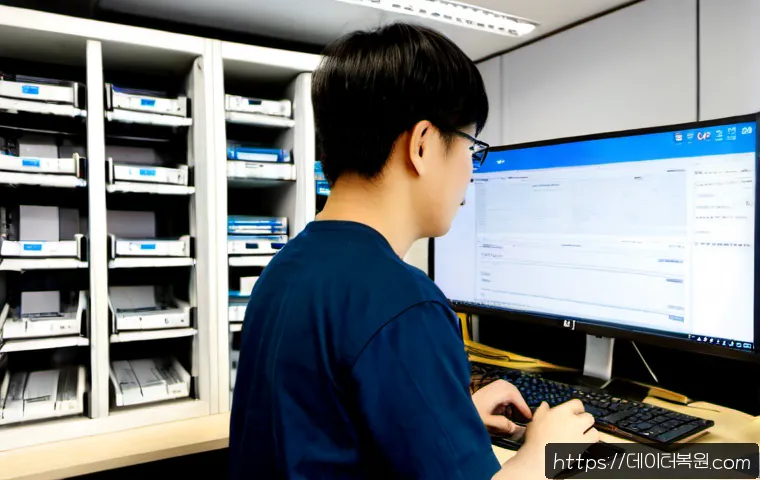 효제동 CDFS_FILE_SYSTEM - Photorealistic IT support workstation in a compact Hyoje-dong print-shop office, dual monitors showi...