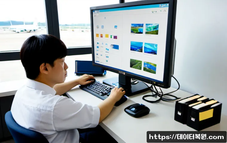 공항동 POOL_CORRUPTION_IN_FILE_AREA - Photorealistic remote-support workstation in a compact Airport-dong office near an aviation district...