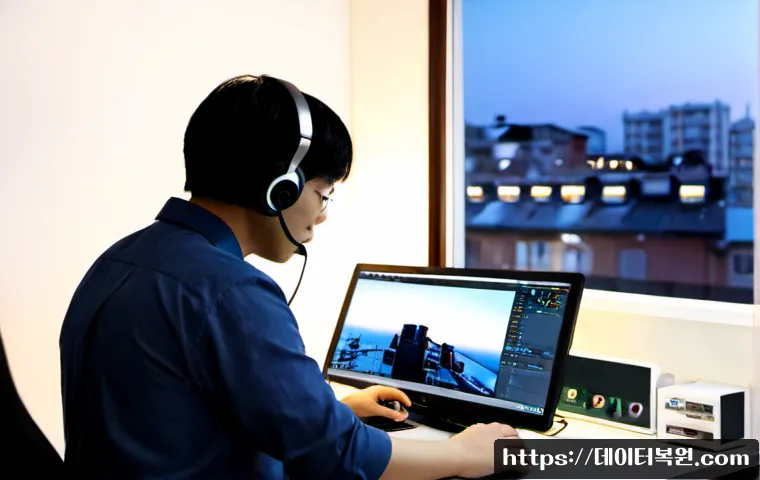 지영동 DRIVER_CAUSED_SYSTEM_CRASH - Photorealistic remote-support workstation in a compact apartment office, dual monitors frozen on an ...