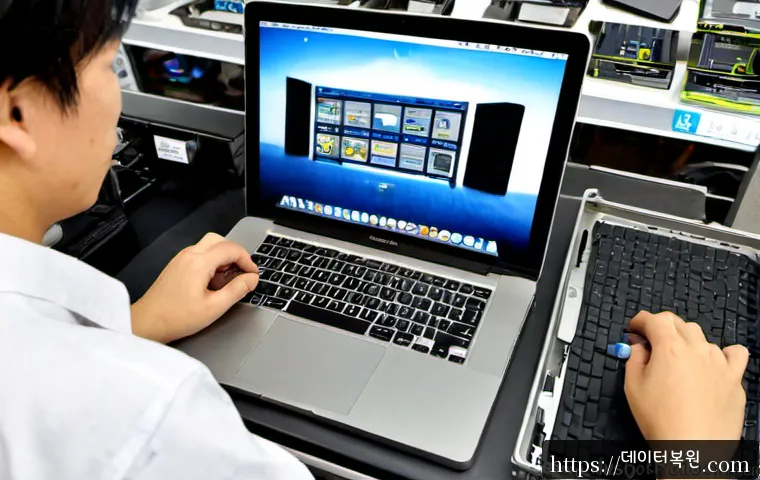 보문동 맥북프로 판매 및 수리 - Photorealistic MacBook Pro repair workstation in a compact Bomun-dong electronics shop, technician u...
