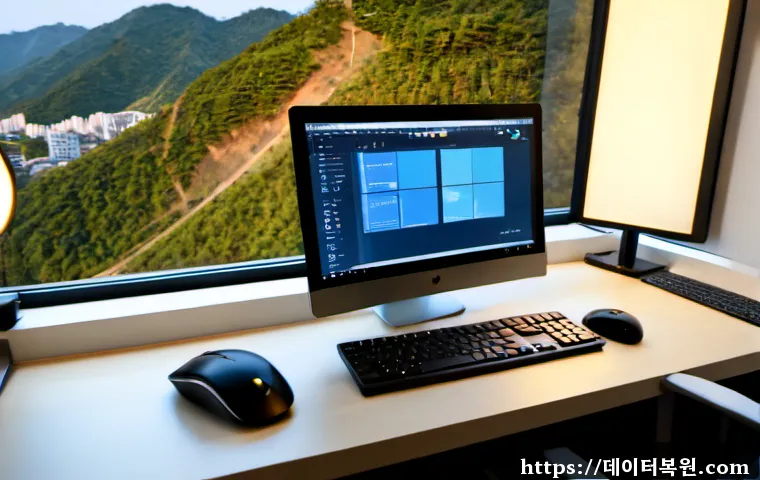 대현동 SOFTWARE_EXCEPTION - Photorealistic software support workstation in a compact Daehyeon-dong office, dual monitors showing...