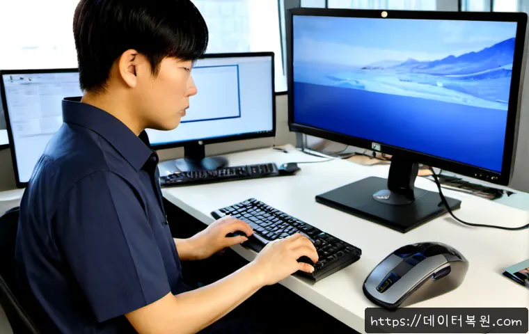 청진동 자동복구 - Photorealistic IT technician at a sleek workstation in a Cheongjin-dong office tower, restoring a de...