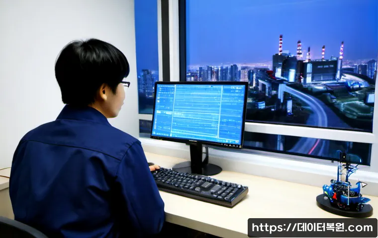 삼동 KERNEL_SECURITY_CHECK_FAILURE - Photorealistic compact engineering office in Samdong, a desktop workstation displaying a solid blue ...