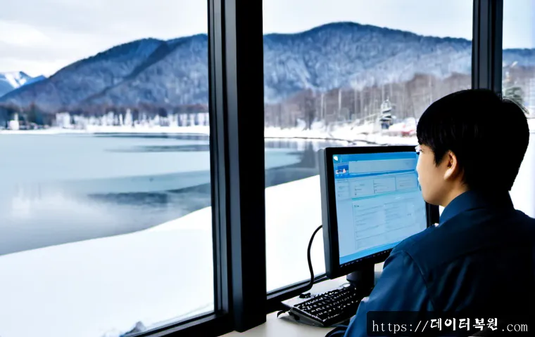 청평면 STATUS_PAGE_FAULT - Photorealistic remote IT support workstation in a quiet lakeside town office, dual monitors showing ...