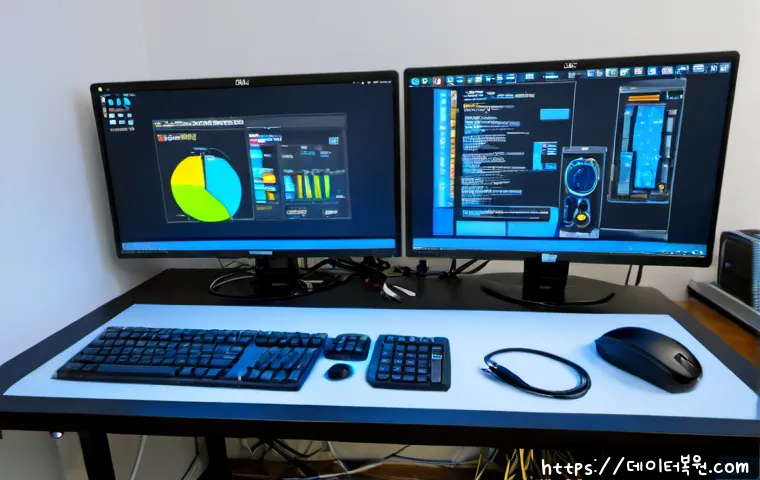용문동 STATUS_KERNEL_DATA_CORRUPTION - Photorealistic IT support workstation in a compact Yongmun-dong office, dual monitors showing abstra...