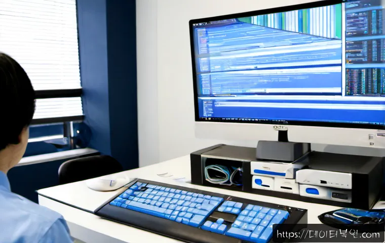 초동 KERNEL_MODE_HEAP_CORRUPTION - Photorealistic IT support workstation in a Gangnam-style office, dual monitors showing abstract blue...