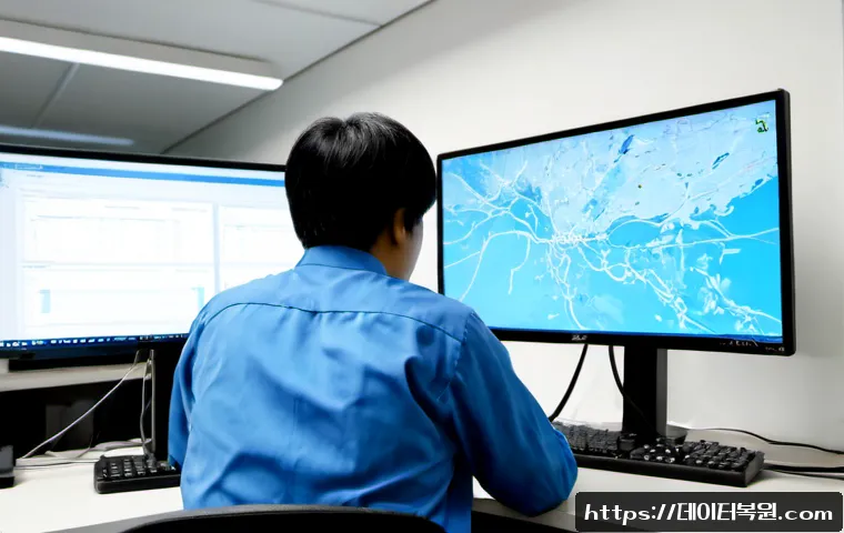 청진동 SYSTEM_SERVICE_EXCEPTION - Photorealistic IT support workstation in a modern downtown Seoul office, dual monitors showing a cle...