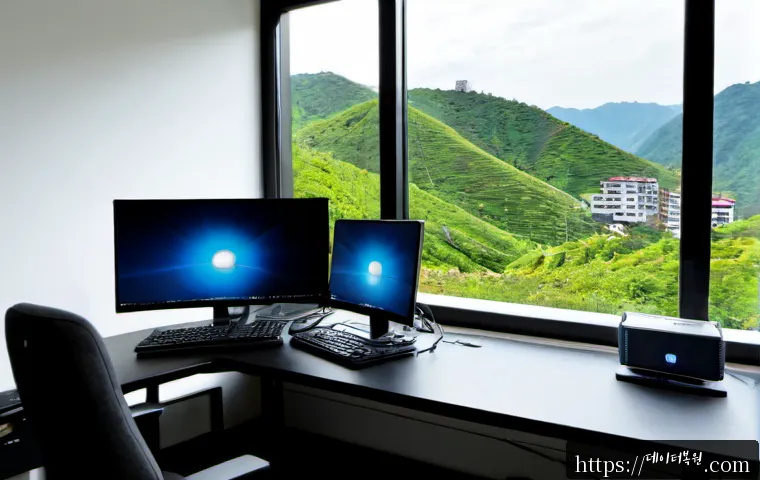 난향동 MEMORY_MANAGEMENT - Photorealistic remote-support workstation in a compact hillside apartment, dual monitors showing a c...