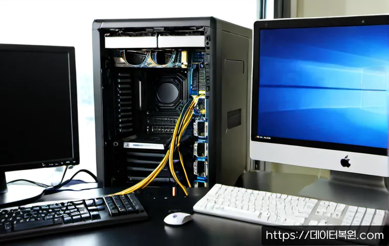 대흥동 윈도우7 windows7 재설치 포맷  초기화 - Photorealistic PC repair workstation in a compact Daeheung-dong office, technician reinstalling an o...