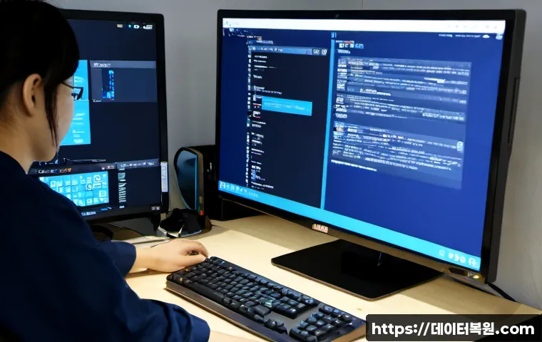 아현동 IO1_INITIALIZATION_FAILED - Photorealistic IT support workstation in an Ahyeon-dong apartment office, desktop monitor showing a ...