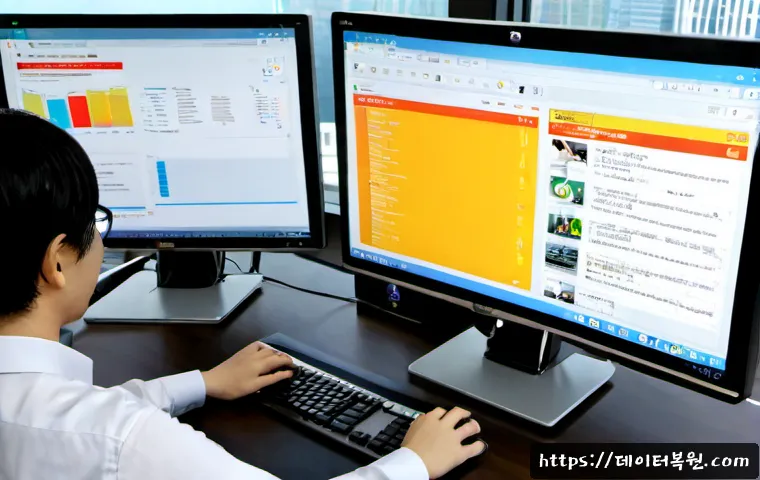 무교동 STATUS_FILE_CORRUPTION - Photorealistic remote-support workstation in a modern Mugeyo-dong office, dual monitors showing a cl...