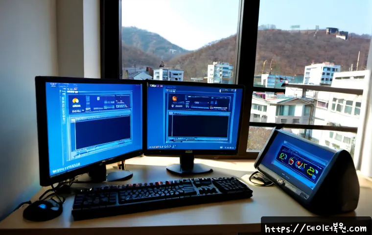 필운동 STATUS_KERNEL_DATA_CORRUPTION - Photorealistic remote IT support workstation in a quiet Seoul hillside office, dual monitors showing...