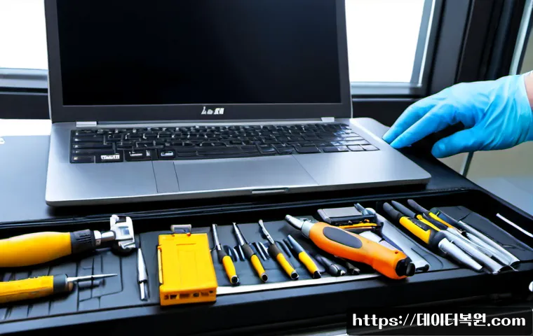 오곡동 맥북프로 판매 및 수리 - Photorealistic premium laptop repair bench in Ogok-dong, Seoul, an unbranded silver professional not...