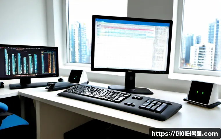 향동동 STATUS_DATATYPE_MISALIGNMENT - Photorealistic remote-support workstation in a modern apartment office, dual monitors showing abstra...