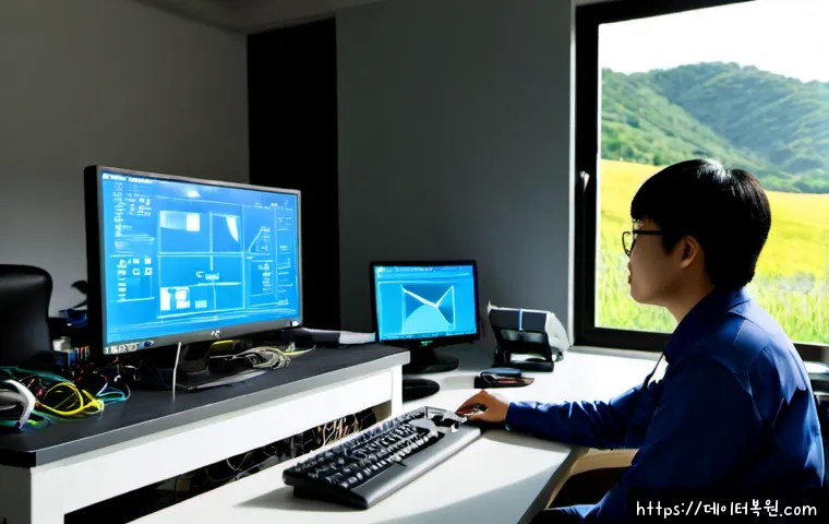 퇴촌면 VIDEO_MEMORY_MANAGEMENT_INTERNAL - Photorealistic remote IT support workstation in a quiet semi-rural Korean township office, dual moni...