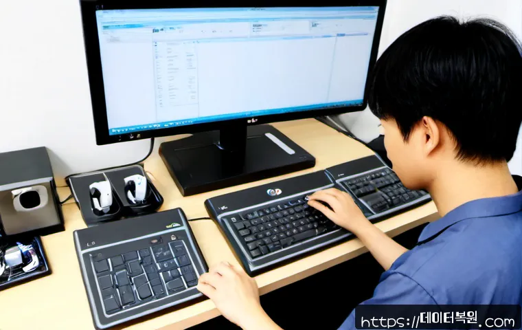 중곡동 Press Ctrl Alt Del to restart - Photorealistic IT support workstation in a compact Junggok-dong apartment office, dual monitors show...
