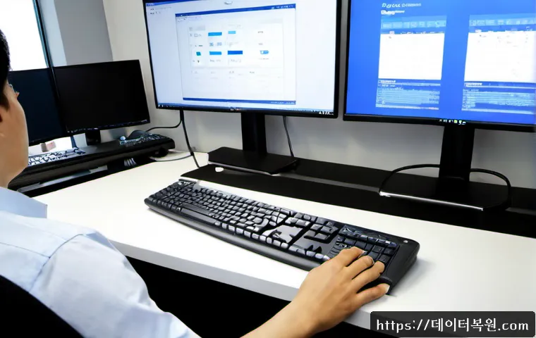 구로구 절전모드 - Photorealistic IT support workstation in a modern Guro digital-complex office, ultrawide monitor sho...