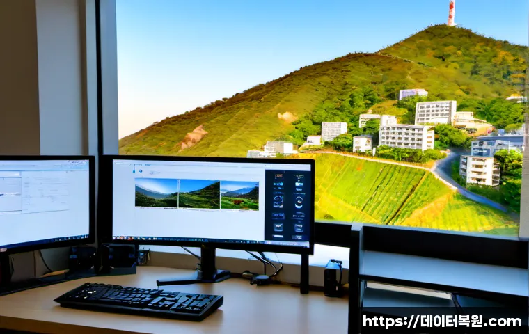 북아현동 STATUS_DISK_FULL - Photorealistic remote IT support workstation in a compact Bukahyeon-dong apartment office, dual moni...