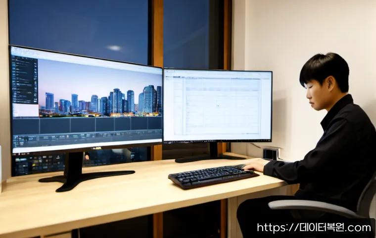 도곡동 STATUS_MODULE_NOT_FOUND - Photorealistic IT support workstation in a refined Daegok-dong apartment office, dual monitors showi...