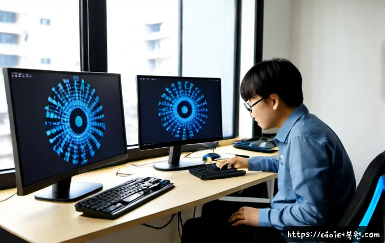 원당동 KERNEL_MODE_HEAP_CORRUPTION - Photorealistic IT support workstation in a compact apartment office, dual monitors showing a nonverb...