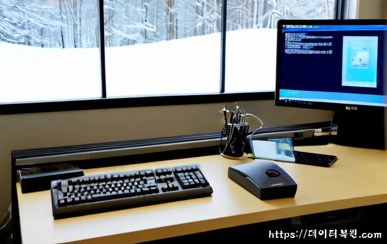 연건동 STATUS_DRIVER_ENTRYPOINT_NOT_FOUND - Photorealistic IT support workstation in a compact Yeongeon-dong research office, dual monitors show...