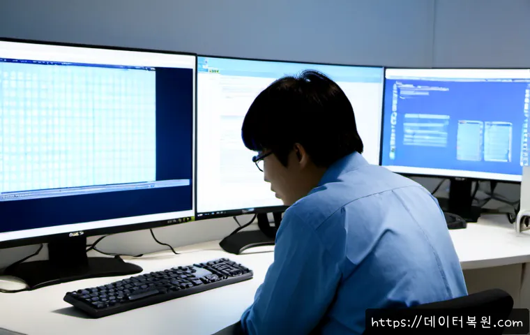 마곡동 STATUS_KERNEL_MODE_EXCEPTION - Photorealistic IT support workstation in a modern Magok office tower, dual monitors showing a blank ...