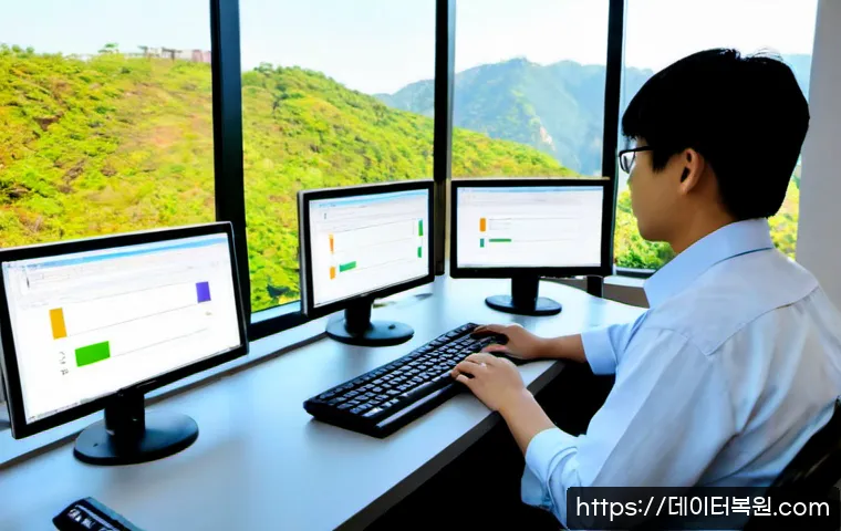 남산동 STATUS_INVALID_CALLER - Photorealistic IT support workstation in a compact Namsan-dong office, engineer reviewing a blank so...