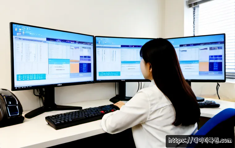막계동 KMODE_EXCEPTION_NOT_HANDLED - Photorealistic IT support workstation in a quiet Makgye-dong office, dual monitors showing abstract ...