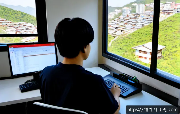 월곡동 STATUS_FILE_WRITE_FAILURE - Photorealistic IT support workstation in a compact office near a hilly residential district, dual mo...