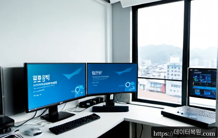 송중동 STATUS_KERNEL_DEBUG_FAILURE - Photorealistic IT support workstation in a compact Seoul neighborhood office, dual monitors showing ...