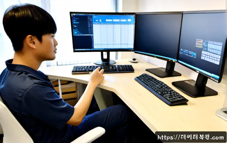 순화동 STATUS_PAGEFILE_MISSING - Photorealistic IT support workstation in a compact Sunhwa-dong office, dual monitors showing a clean...