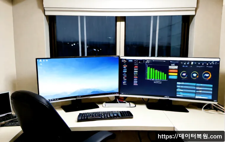 갈현동 STATUS_KERNEL_CONNECTION_TIMEOUT - Photorealistic remote IT support workstation in a compact Seoul apartment office, dual monitors show...