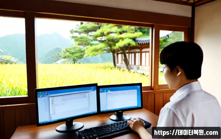 훈정동 STATUS_INVALID_PAGE - Photorealistic remote-support workstation in a compact traditional Korean courtyard office, IT speci...