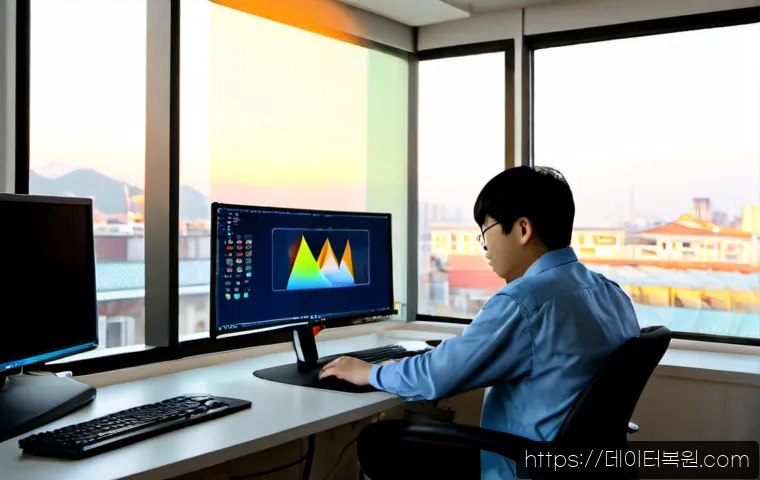오곡동 SOFTWARE_EXCEPTION - Photorealistic software engineer workstation in a quiet Ogok-dong office, dual monitors showing a bl...