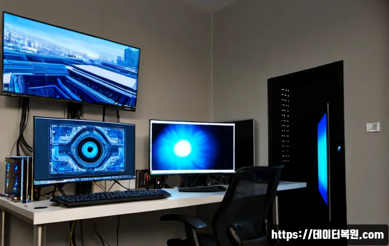 발산동 VIDEO_DRIVER_INIT_FAILURE - Photorealistic IT support workstation in a compact Balsan-dong office, dual monitors with one showin...