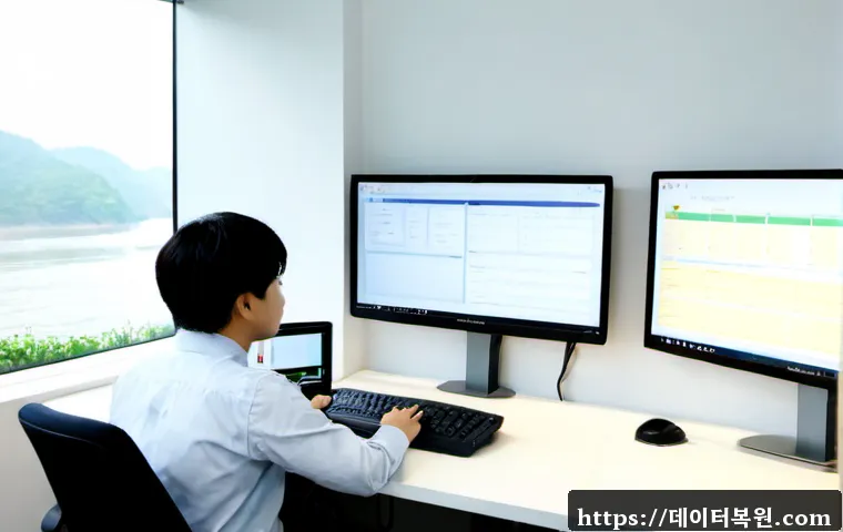 덕은동 STATUS_DEVICE_OFFLINE - Photorealistic remote-support workstation in a modern Deogeun-dong riverside office, dual monitors s...